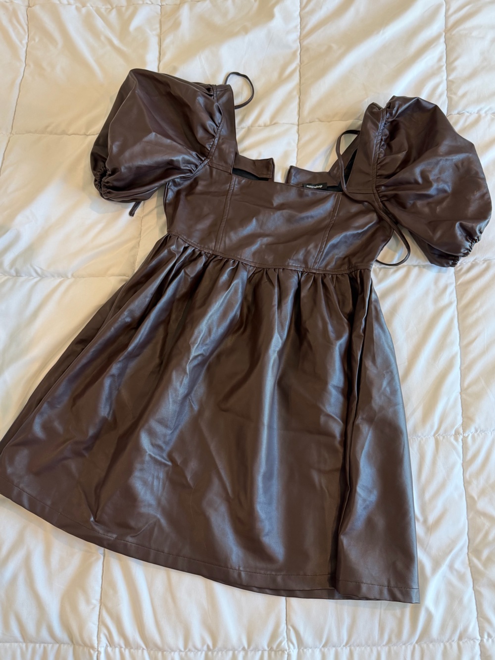 mittoshop Brown Faux Leather Puff-Sleeve Dress